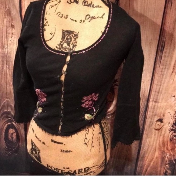 Vintage Y2K Betsey Johnson black purple sequins flower cardigan L